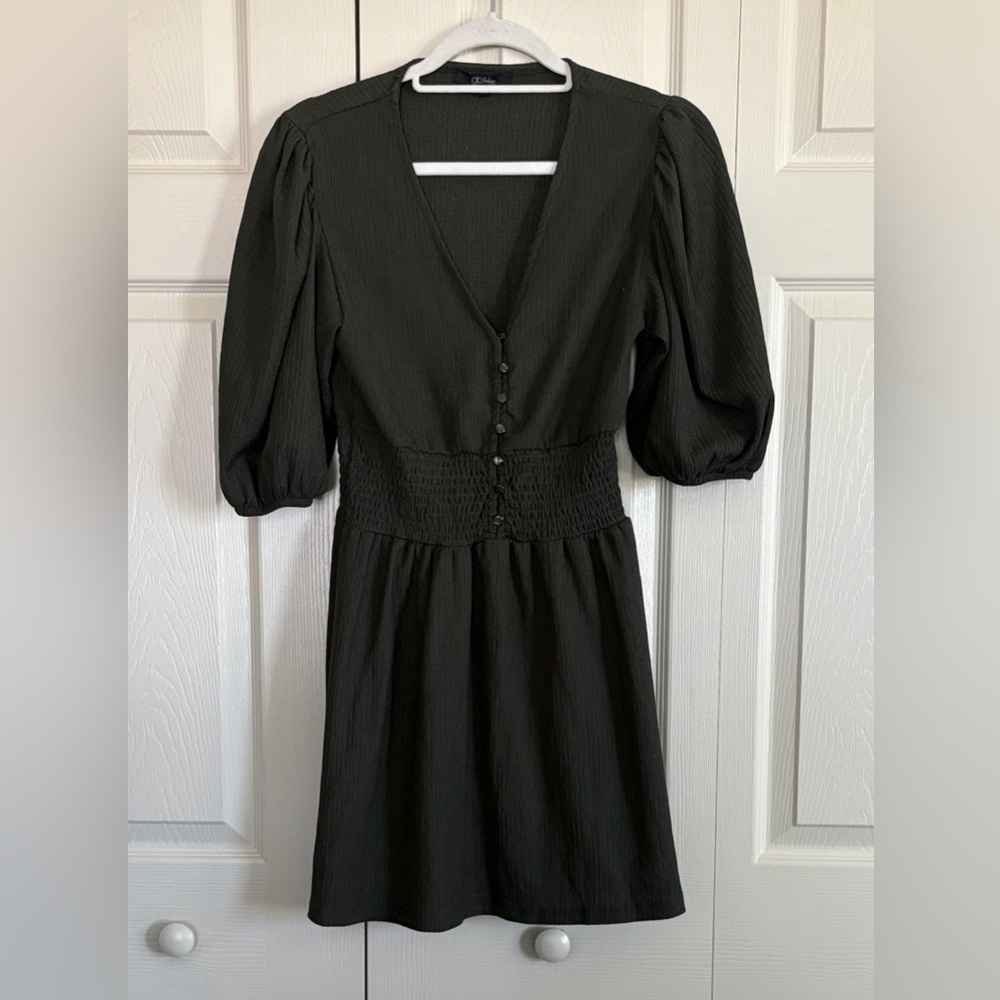 Olive Green Women's Mini Dress Quarter sleeve Size M button front cinched waist